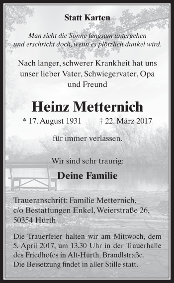 Anzeige von Heinz Metternich von  Wochenende 