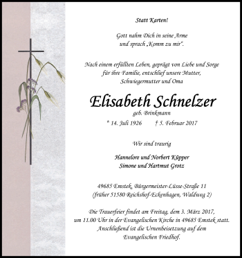 Anzeige von Elisabeth Schnelzer von Kölner Stadt-Anzeiger / Kölnische Rundschau / Express