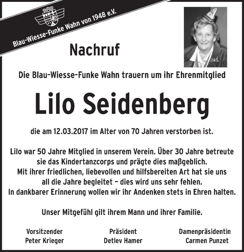  Traueranzeige für Lilo Seidenberg vom 22.03.2017 aus  Kölner Wochenspiegel 