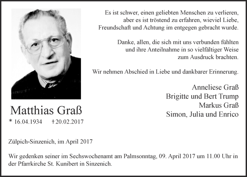  Traueranzeige für Matthias Graß vom 01.04.2017 aus  Blickpunkt Euskirchen 