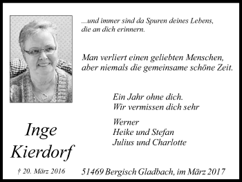 Anzeige von Inge Kierdorf von Kölner Stadt-Anzeiger / Kölnische Rundschau / Express
