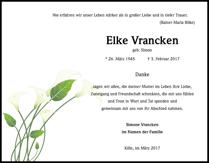 Traueranzeige für Elke Vrancken vom 11.03.2017 aus Kölner Stadt-Anzeiger / Kölnische Rundschau / Express