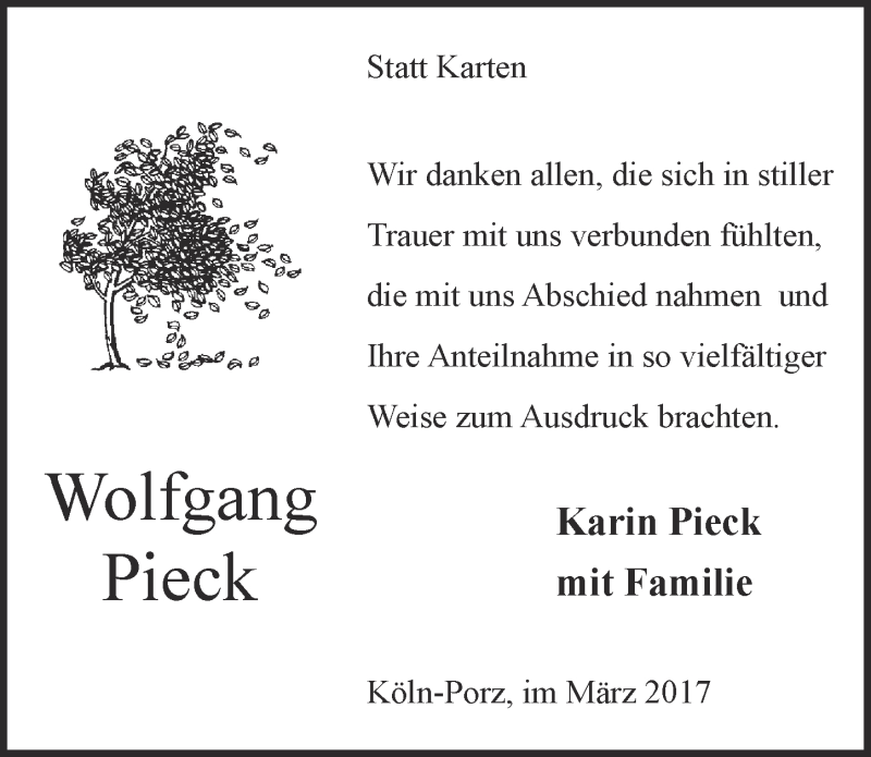  Traueranzeige für Wolfgang Pieck vom 29.03.2017 aus  Kölner Wochenspiegel 
