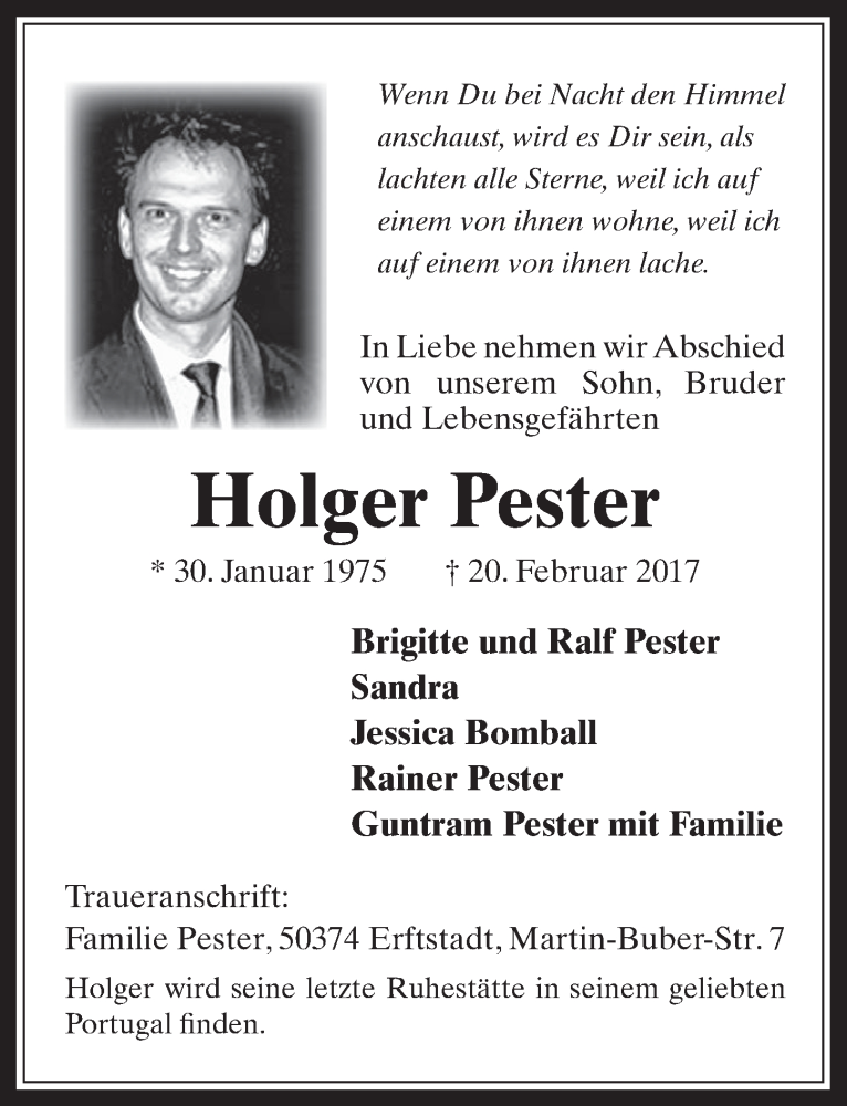  Traueranzeige für Holger Pester vom 15.03.2017 aus  Werbepost 