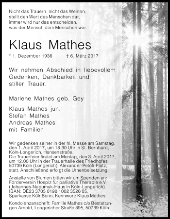 Anzeige von Klaus Mathes von Kölner Stadt-Anzeiger / Kölnische Rundschau / Express