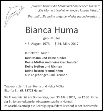 Anzeige von Bianca Huma von Kölner Stadt-Anzeiger / Kölnische Rundschau / Express