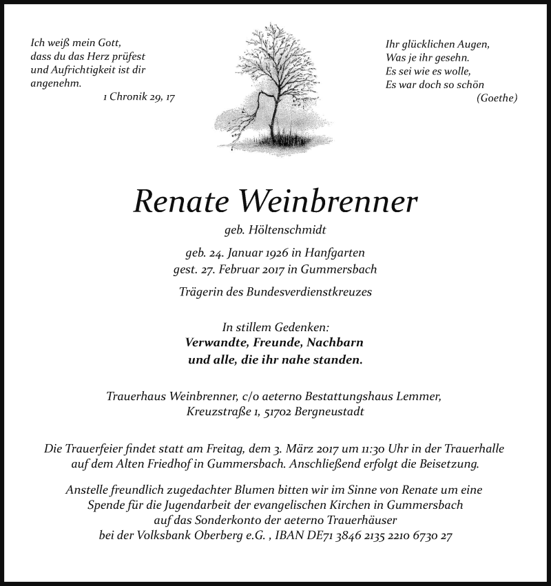  Traueranzeige für Renate Weinbrenner vom 02.03.2017 aus Kölner Stadt-Anzeiger / Kölnische Rundschau / Express