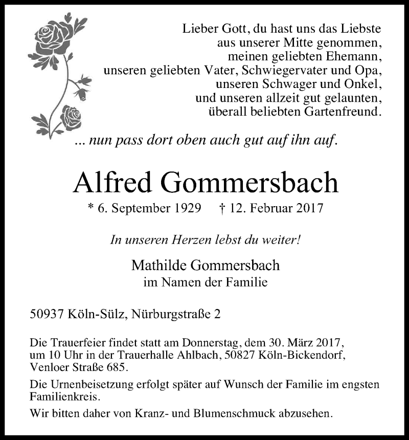 Traueranzeige für Alfred Gommersbach vom 11.03.2017 aus Kölner Stadt-Anzeiger / Kölnische Rundschau / Express