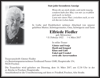 Anzeige von Elfriede Fiedler von  Wochenende 
