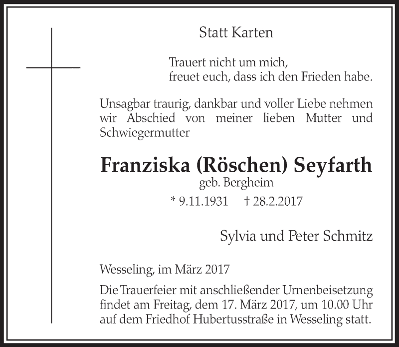  Traueranzeige für Franziska Seyfarth vom 15.03.2017 aus  Schlossbote/Werbekurier 