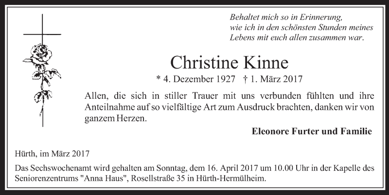  Traueranzeige für Christine Kinne vom 15.03.2017 aus  Wochenende 