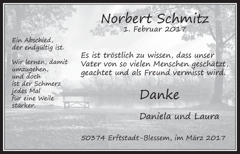 Traueranzeige für Norbert Schmitz vom 29.03.2017 aus  Werbepost 
