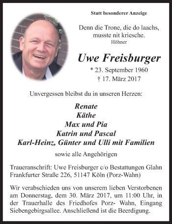 Anzeige von Uwe Freisburger von  Kölner Wochenspiegel 