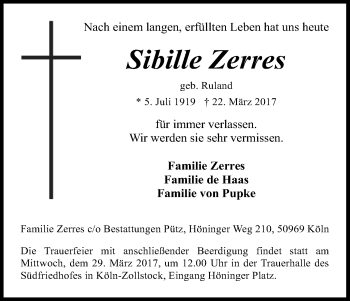 Anzeige von Sibille Zerres von Kölner Stadt-Anzeiger / Kölnische Rundschau / Express