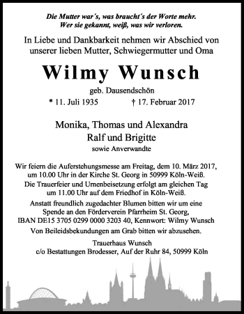 Anzeige von Wilmy Wunsch von Kölner Stadt-Anzeiger / Kölnische Rundschau / Express