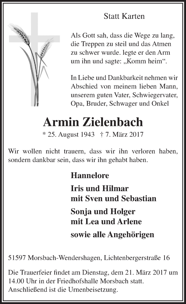  Traueranzeige für Armin Zielenbach vom 15.03.2017 aus  Lokalanzeiger 
