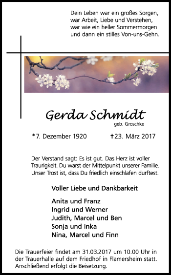 Anzeige von Gerda Schmidt von Kölner Stadt-Anzeiger / Kölnische Rundschau / Express