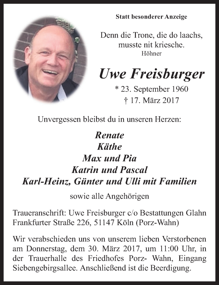  Traueranzeige für Uwe Freisburger vom 29.03.2017 aus  Kölner Wochenspiegel 