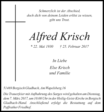 Anzeige von Alfred Krisch von Kölner Stadt-Anzeiger / Kölnische Rundschau / Express