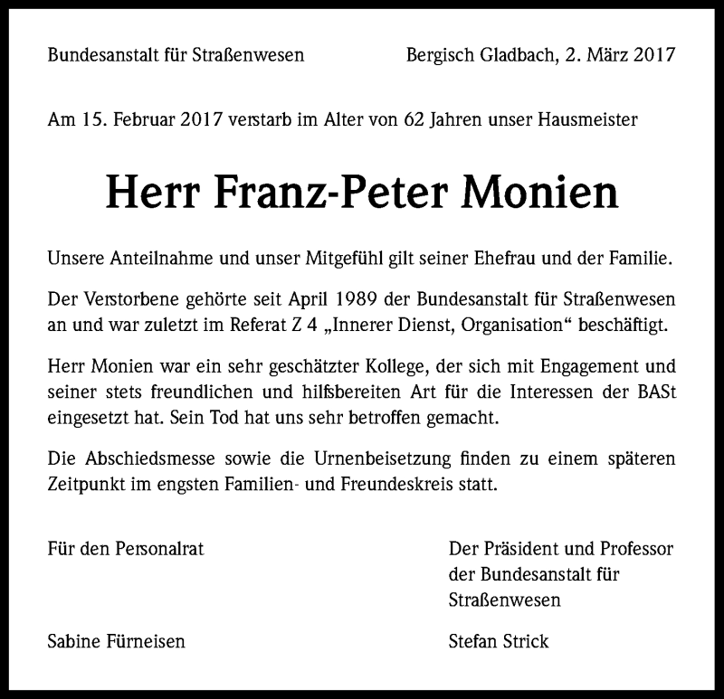  Traueranzeige für Franz-Peter Monien vom 04.03.2017 aus Kölner Stadt-Anzeiger / Kölnische Rundschau / Express