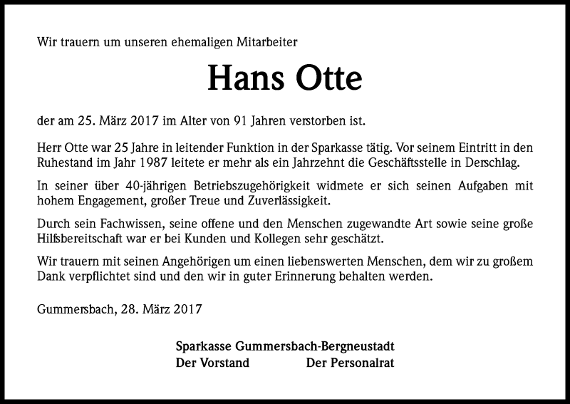  Traueranzeige für Hans Otte vom 30.03.2017 aus Kölner Stadt-Anzeiger / Kölnische Rundschau / Express
