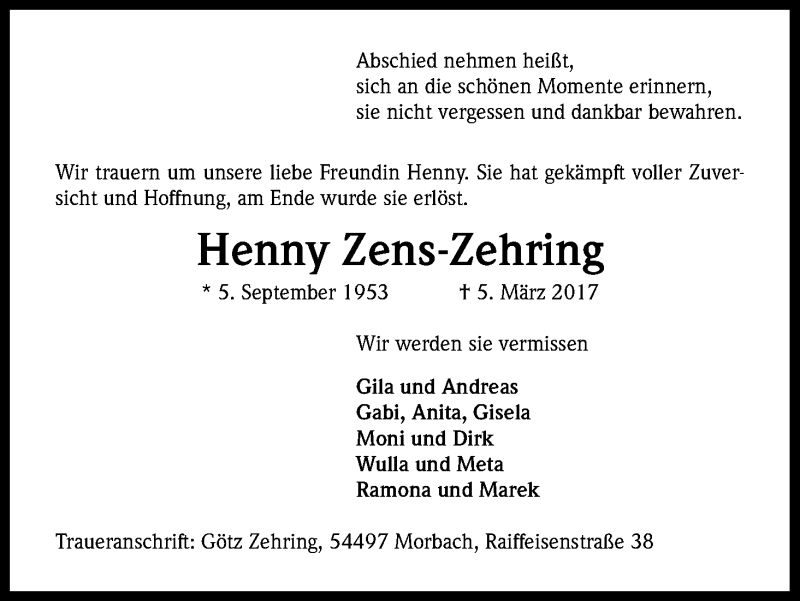  Traueranzeige für Henny Zens-Zehring vom 11.03.2017 aus Kölner Stadt-Anzeiger / Kölnische Rundschau / Express