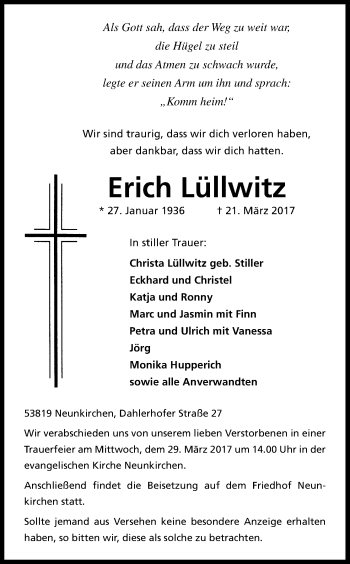 Anzeige von Erich Lüllwitz von Kölner Stadt-Anzeiger / Kölnische Rundschau / Express