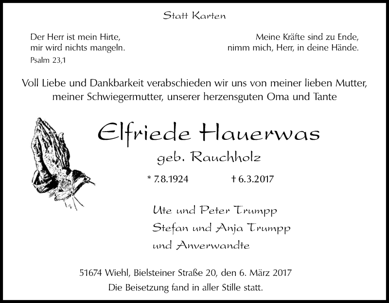  Traueranzeige für Elfriede Hauerwas vom 11.03.2017 aus Kölner Stadt-Anzeiger / Kölnische Rundschau / Express