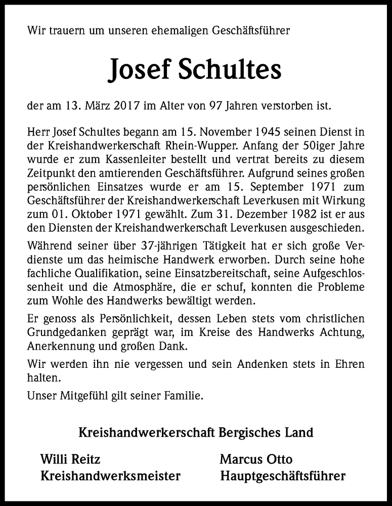  Traueranzeige für Josef Schultes vom 20.03.2017 aus Kölner Stadt-Anzeiger / Kölnische Rundschau / Express