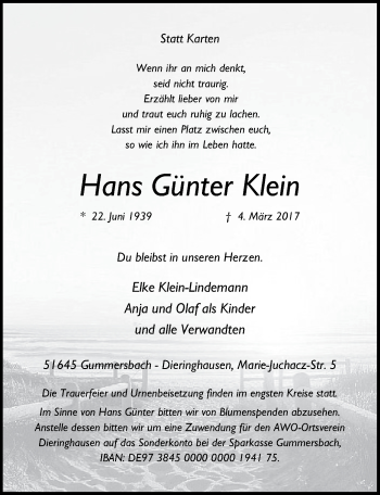 Anzeige von Hans Günter Klein von  Anzeigen Echo 