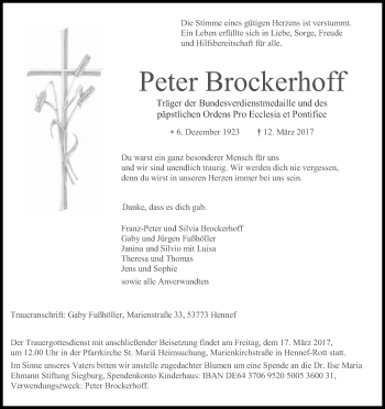 Anzeige von Peter Brockerhoff von Kölner Stadt-Anzeiger / Kölnische Rundschau / Express