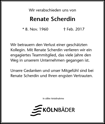 Anzeige von Renate Scherdin von Kölner Stadt-Anzeiger / Kölnische Rundschau / Express