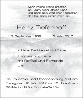 Anzeige von Heinz Tiefenhoff von  Schlossbote/Werbekurier 