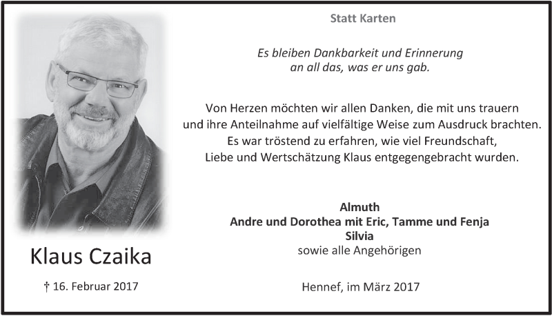  Traueranzeige für Klaus Czaika vom 22.03.2017 aus  Extra Blatt 