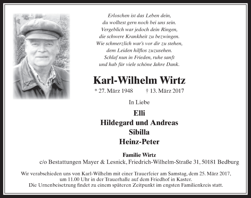  Traueranzeige für Karl-Wilhelm Wirtz vom 22.03.2017 aus  Werbepost 