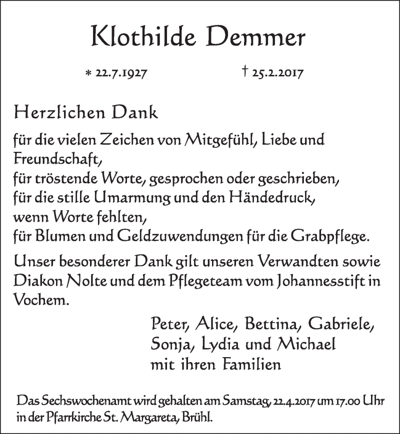  Traueranzeige für Klothilde Demmer vom 29.03.2017 aus  Schlossbote/Werbekurier 