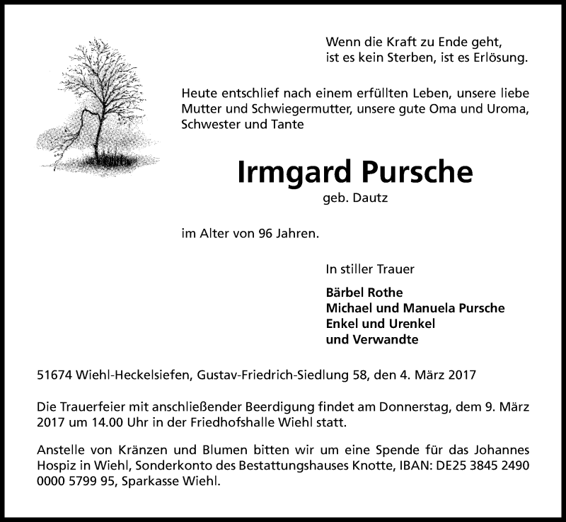  Traueranzeige für Irmgard Pursche vom 07.03.2017 aus Kölner Stadt-Anzeiger / Kölnische Rundschau / Express