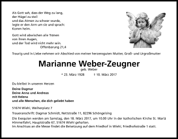 Anzeige von Marianne Weber-Zeugner von Kölner Stadt-Anzeiger / Kölnische Rundschau / Express