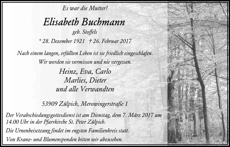  Traueranzeige für Elisabeth Buchmann vom 04.03.2017 aus Kölner Stadt-Anzeiger / Kölnische Rundschau / Express