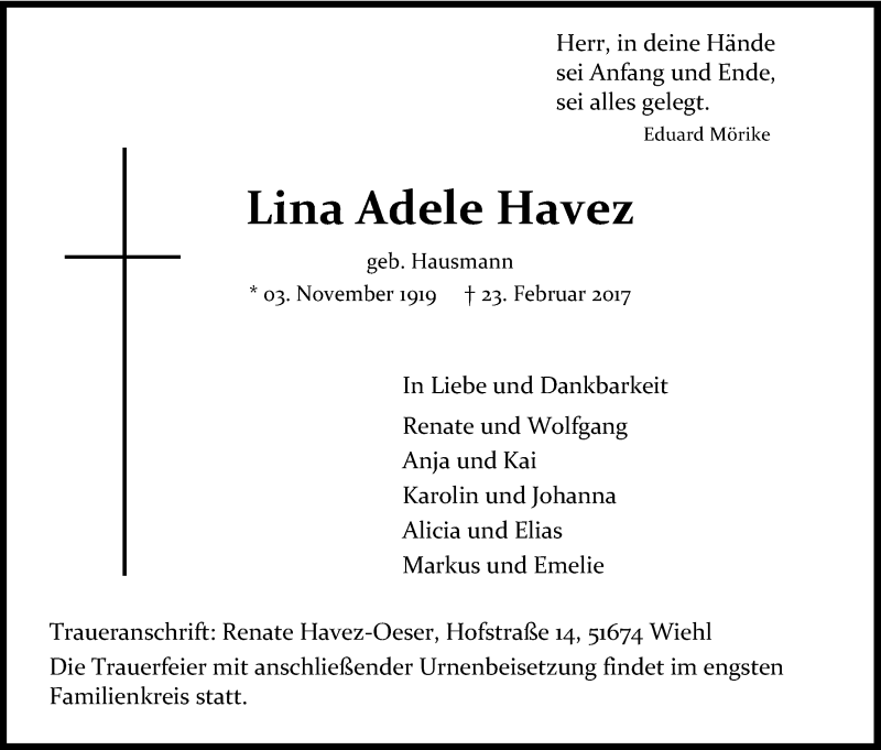  Traueranzeige für Lina Adele Havez vom 02.03.2017 aus Kölner Stadt-Anzeiger / Kölnische Rundschau / Express