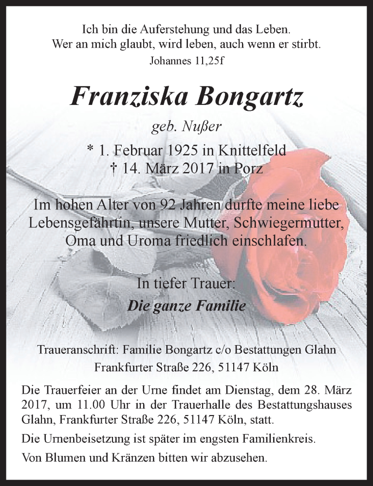  Traueranzeige für Franziska Bongartz vom 22.03.2017 aus  Kölner Wochenspiegel 