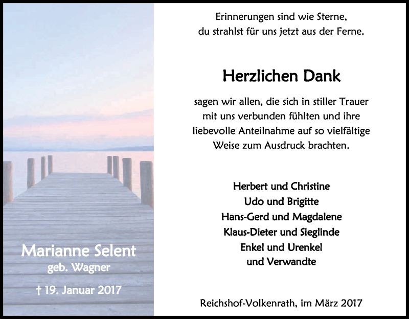  Traueranzeige für Marianne Selent vom 18.03.2017 aus Kölner Stadt-Anzeiger / Kölnische Rundschau / Express