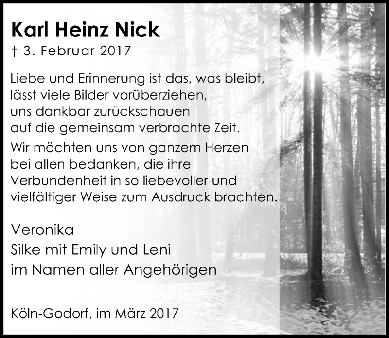  Traueranzeige für Karl Heinz Nick vom 29.03.2017 aus  Kölner Wochenspiegel 