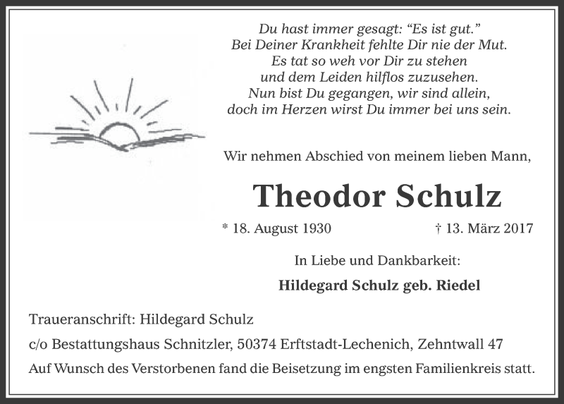  Traueranzeige für Theodor Schulz vom 29.03.2017 aus  Werbepost 