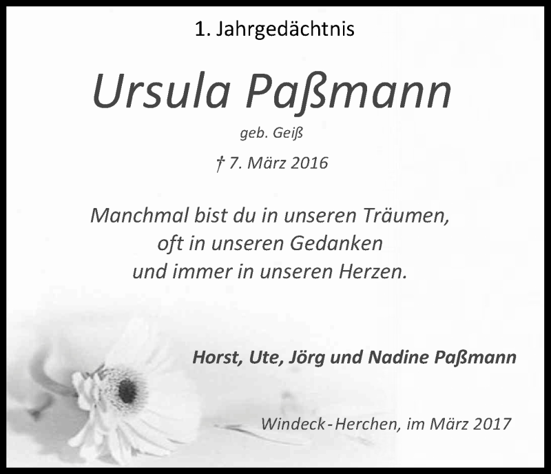  Traueranzeige für Ursula Paßmann vom 07.03.2017 aus Kölner Stadt-Anzeiger / Kölnische Rundschau / Express