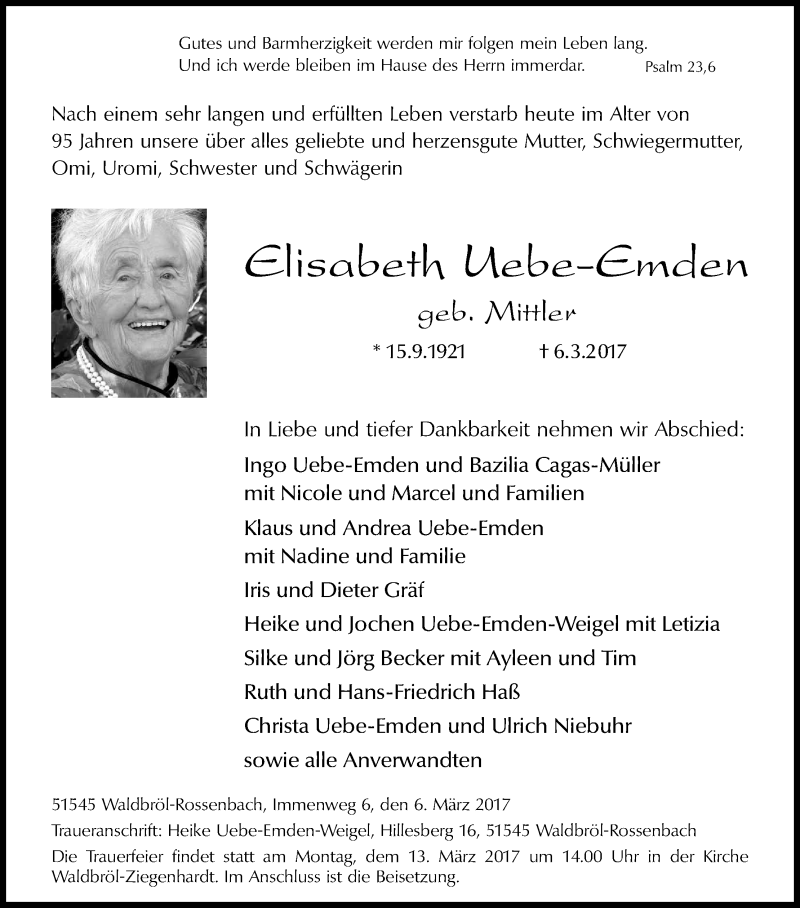  Traueranzeige für Elisabeth Uebe-Emden vom 09.03.2017 aus Kölner Stadt-Anzeiger / Kölnische Rundschau / Express