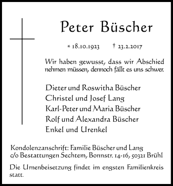 Anzeige von Peter Büscher von Kölner Stadt-Anzeiger / Kölnische Rundschau / Express
