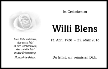 Anzeige von Willi Blens von Kölner Stadt-Anzeiger / Kölnische Rundschau / Express