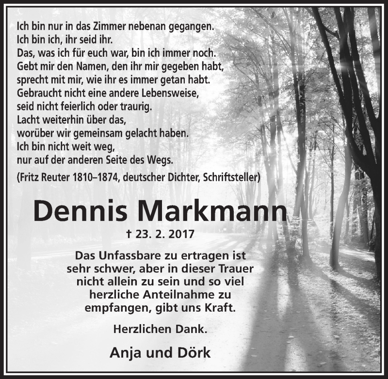  Traueranzeige für Dennis Markmann vom 29.03.2017 aus  Anzeigen Echo 