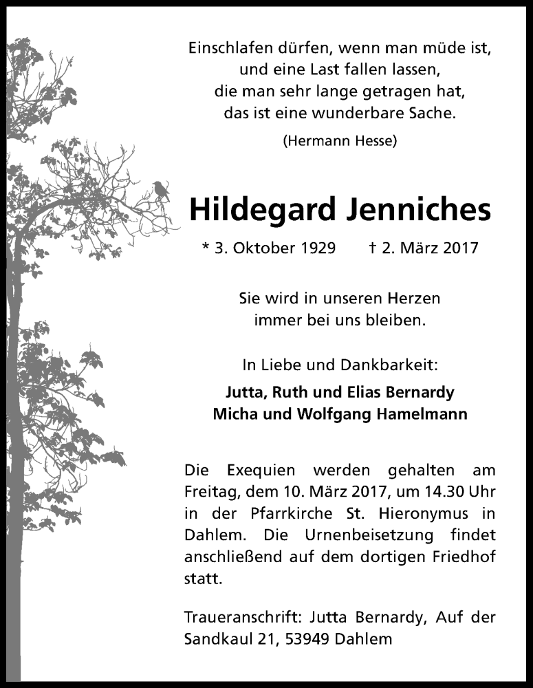  Traueranzeige für Hildegard Jenniches vom 07.03.2017 aus Kölner Stadt-Anzeiger / Kölnische Rundschau / Express